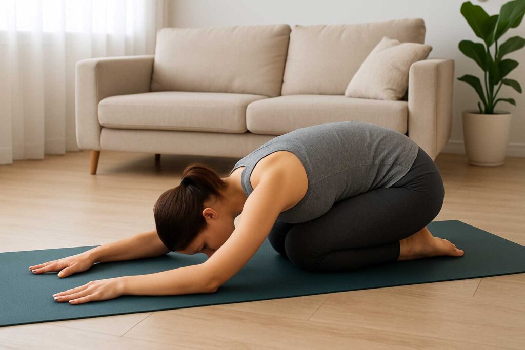 A young woman practicing Child’s Pose (Balasana) on a yoga mat in a calm living room setting, demonstrating a restful beginner yoga posture for relaxation and back relief.