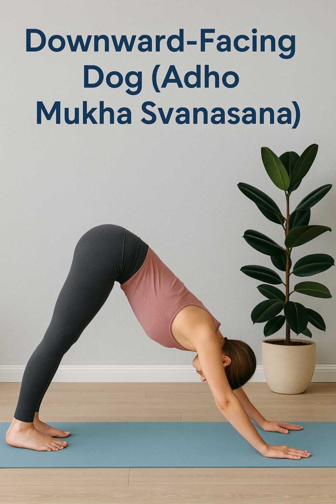 A woman practicing Downward-Facing Dog Pose (Adho Mukha Svanasana), an easy yoga pose to stretch and strengthen the body.