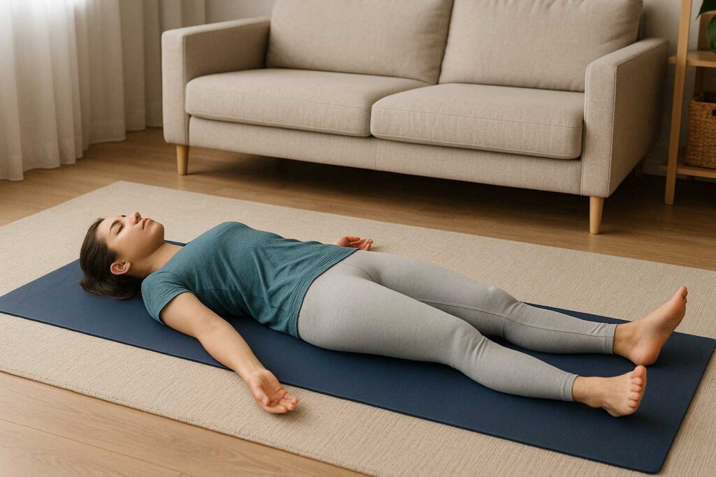 A young woman lying in Corpse Pose (Savasana) on a yoga mat in a peaceful living room, practicing deep relaxation and mindful breathing at the end of a beginner yoga session.
