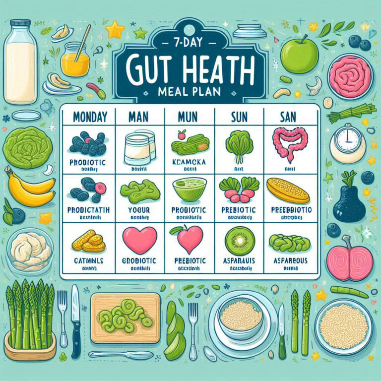 7-day gut health meal plan infographic with probiotic and prebiotic foods calendar